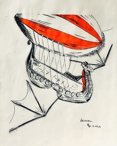 drawing of Viking-inspired flying ship with dragon masthead and wings